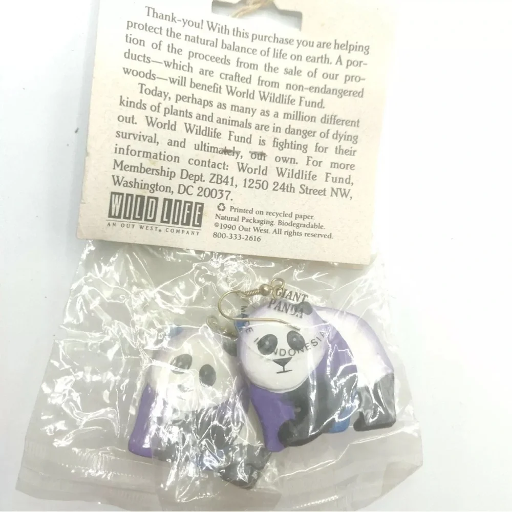 Vintage World Wildlife Fund Panda Bear Earrings Hand Painted Wooden Earrings